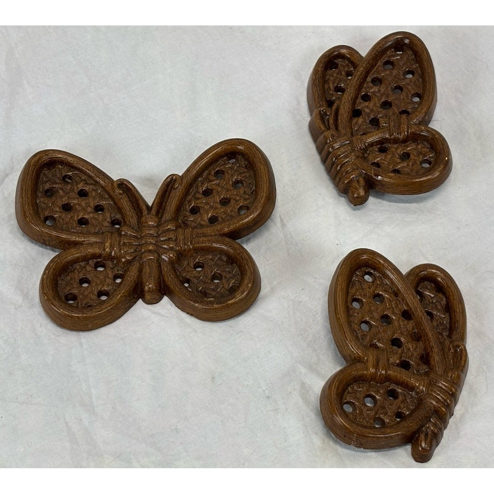 Vtg Burlwood Butterfly Wall Hangings *Set Of 3* Brown Faux Wicker 80s Kitschy